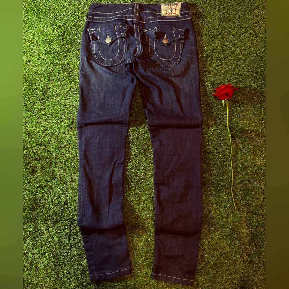 Navy blue True Religion skinny jeans with white stitching